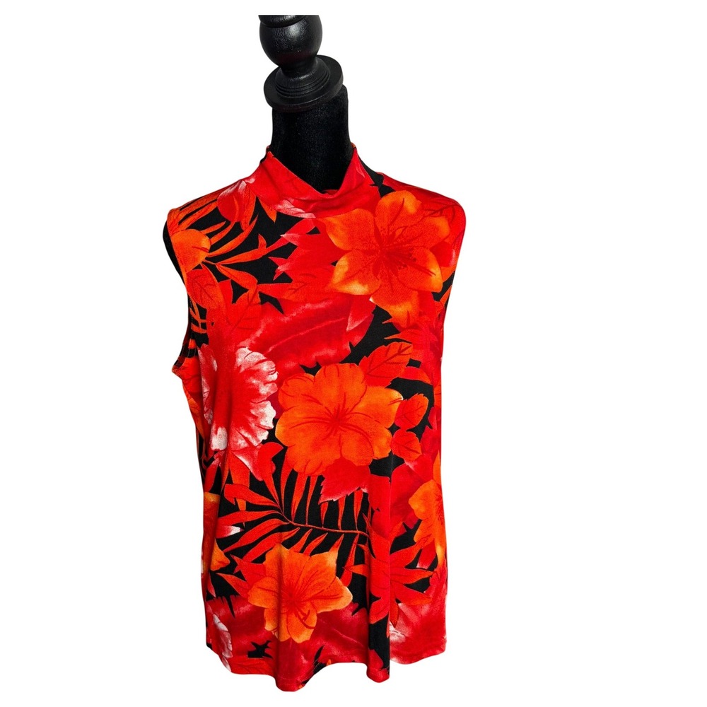 Vintage Y2K Mock Neck Slinky Knit Top Womens XL Orange Red‎ Tropical Hibiscus
